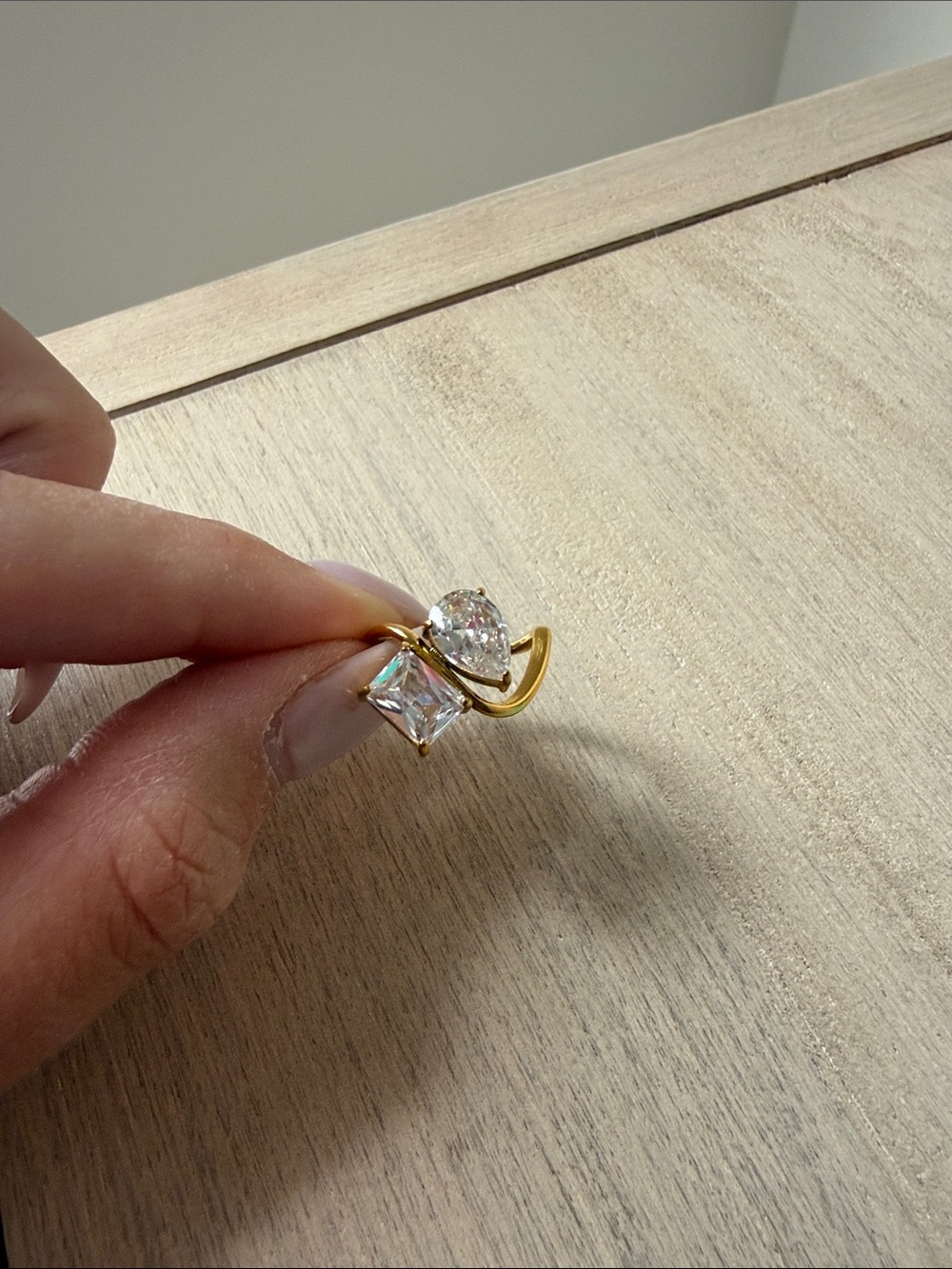 Gold-Tone Women's Ring with Clear Crystal Pear and Princess Stones